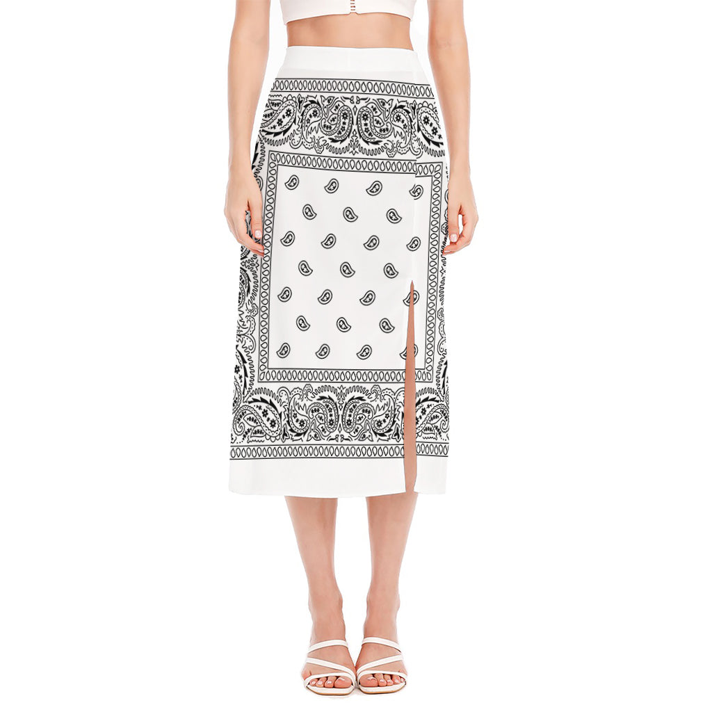 White And Black Paisley Bandana Print Side Slit Midi Skirt