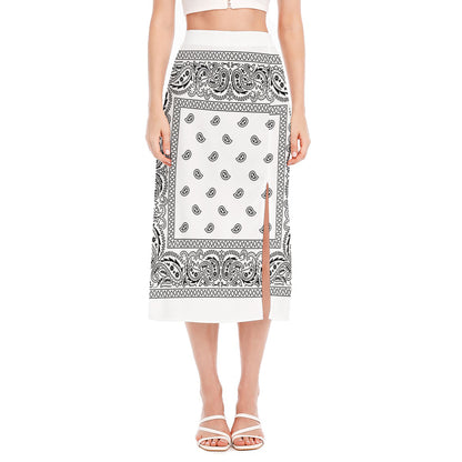 White And Black Paisley Bandana Print Side Slit Midi Skirt