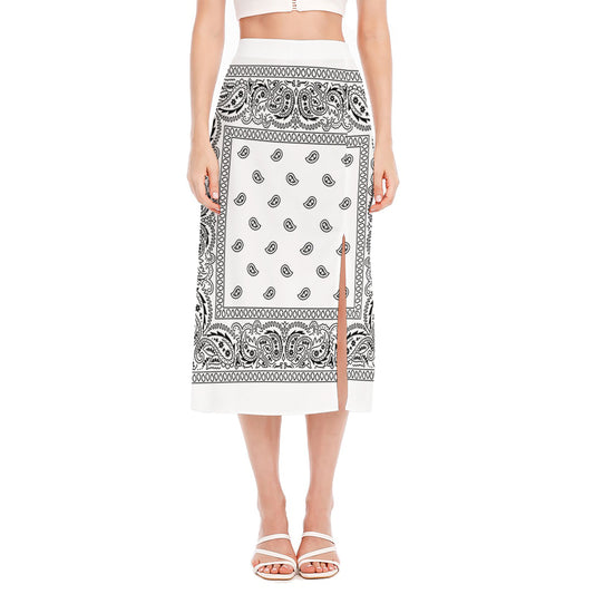 White And Black Paisley Bandana Print Side Slit Midi Skirt