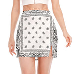 White And Black Paisley Bandana Print Side Slit Mini Skirt