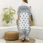 White And Black Paisley Bandana Print Silk V-Neck Kaftan Dress