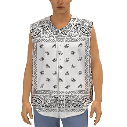 White And Black Paisley Bandana Print Sleeveless Baseball Jersey