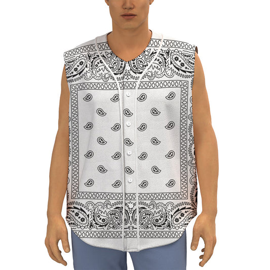 White And Black Paisley Bandana Print Sleeveless Baseball Jersey