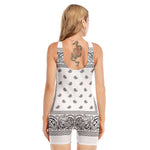 White And Black Paisley Bandana Print Sleeveless One Piece Swimsuit