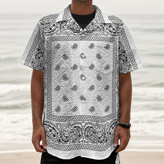 White And Black Paisley Bandana Print Textured Short Sleeve Shirt