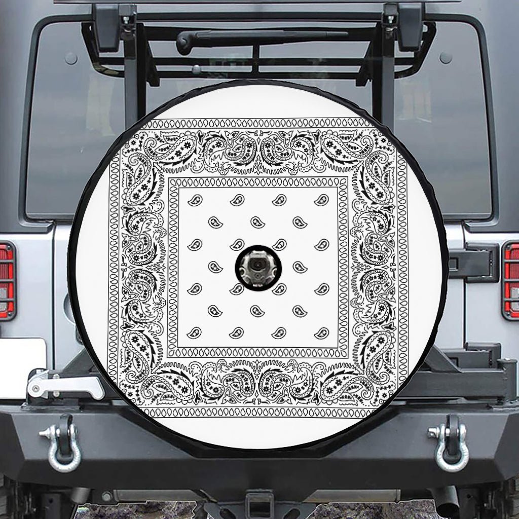 White And Black Paisley Bandana Print Tire Cover With Camera Hole