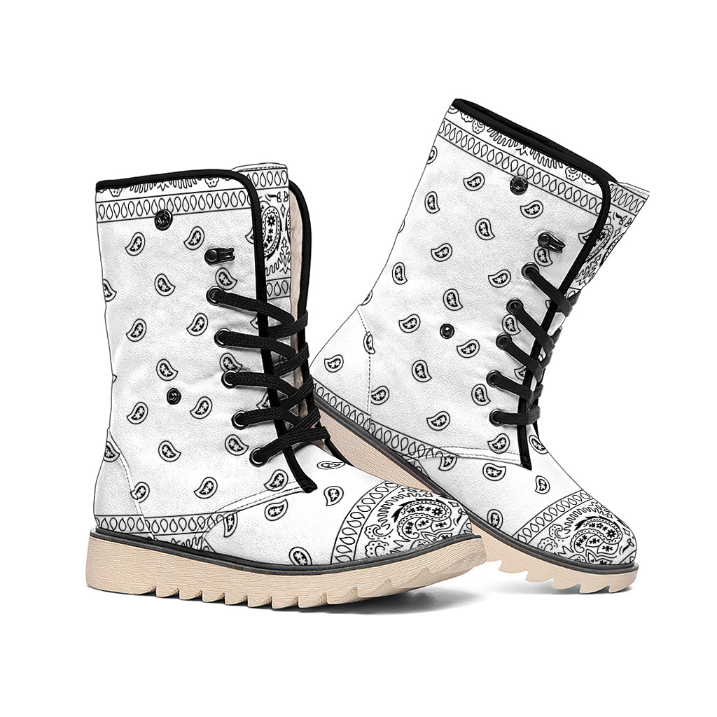 White And Black Paisley Bandana Print Winter Boots