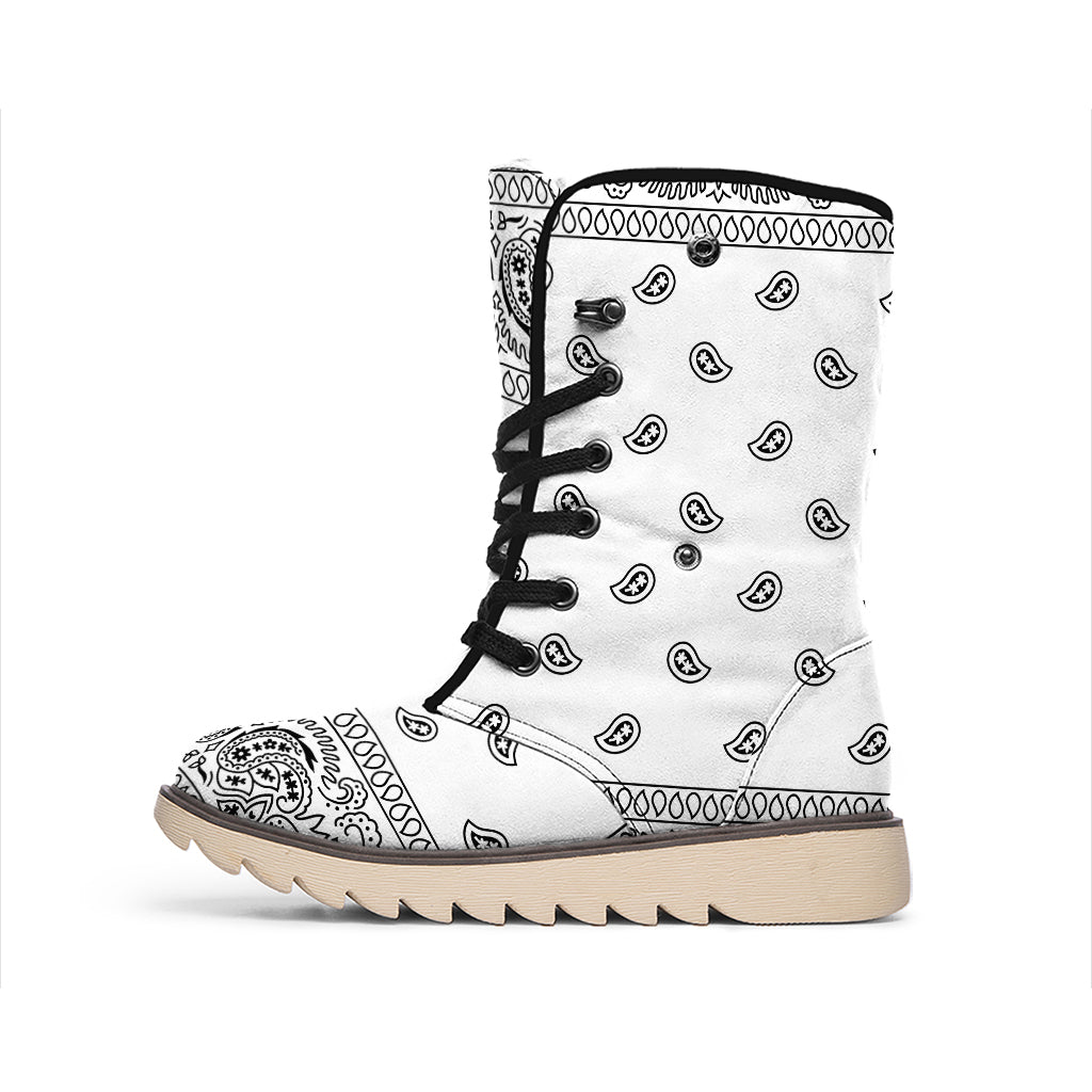 White And Black Paisley Bandana Print Winter Boots