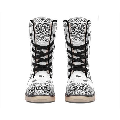 White And Black Paisley Bandana Print Winter Boots