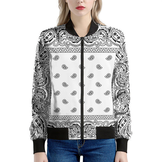 White And Black Paisley Bandana Print Women's Bomber Jacket