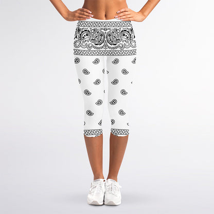 White And Black Paisley Bandana Print Women's Capri Leggings