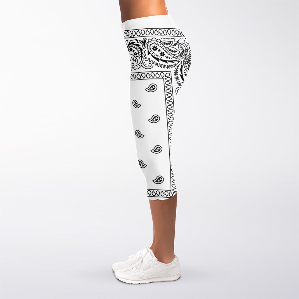 White And Black Paisley Bandana Print Women's Capri Leggings