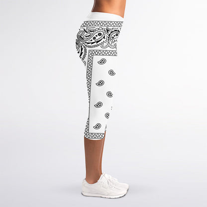 White And Black Paisley Bandana Print Women's Capri Leggings