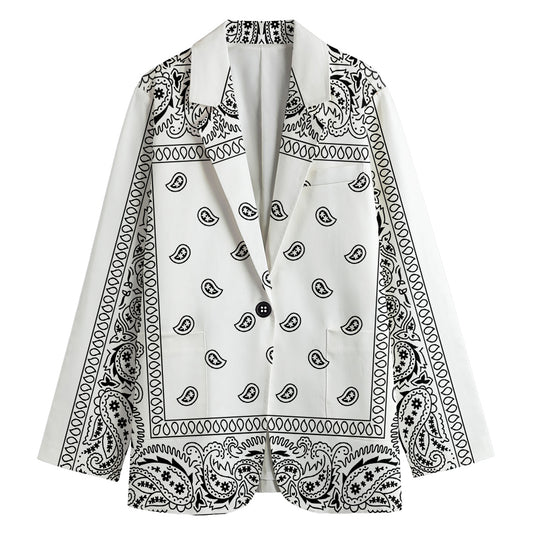 White And Black Paisley Bandana Print Women's Cotton Blazer