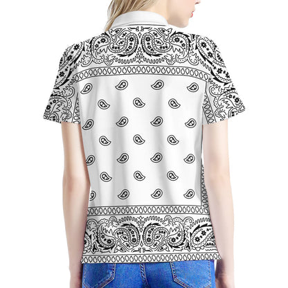 White And Black Paisley Bandana Print Women's Polo Shirt