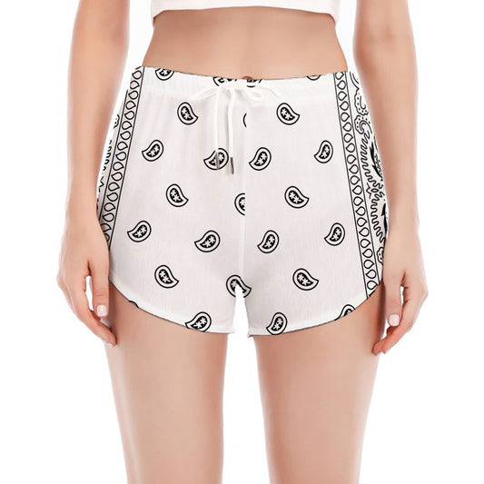 White And Black Paisley Bandana Print Women's Split Running Shorts
