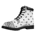 White And Black Paisley Bandana Print Padded Collar Lace Up Boots