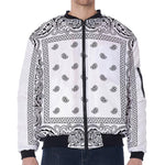 White And Black Paisley Bandana Print Zip Sleeve Bomber Jacket
