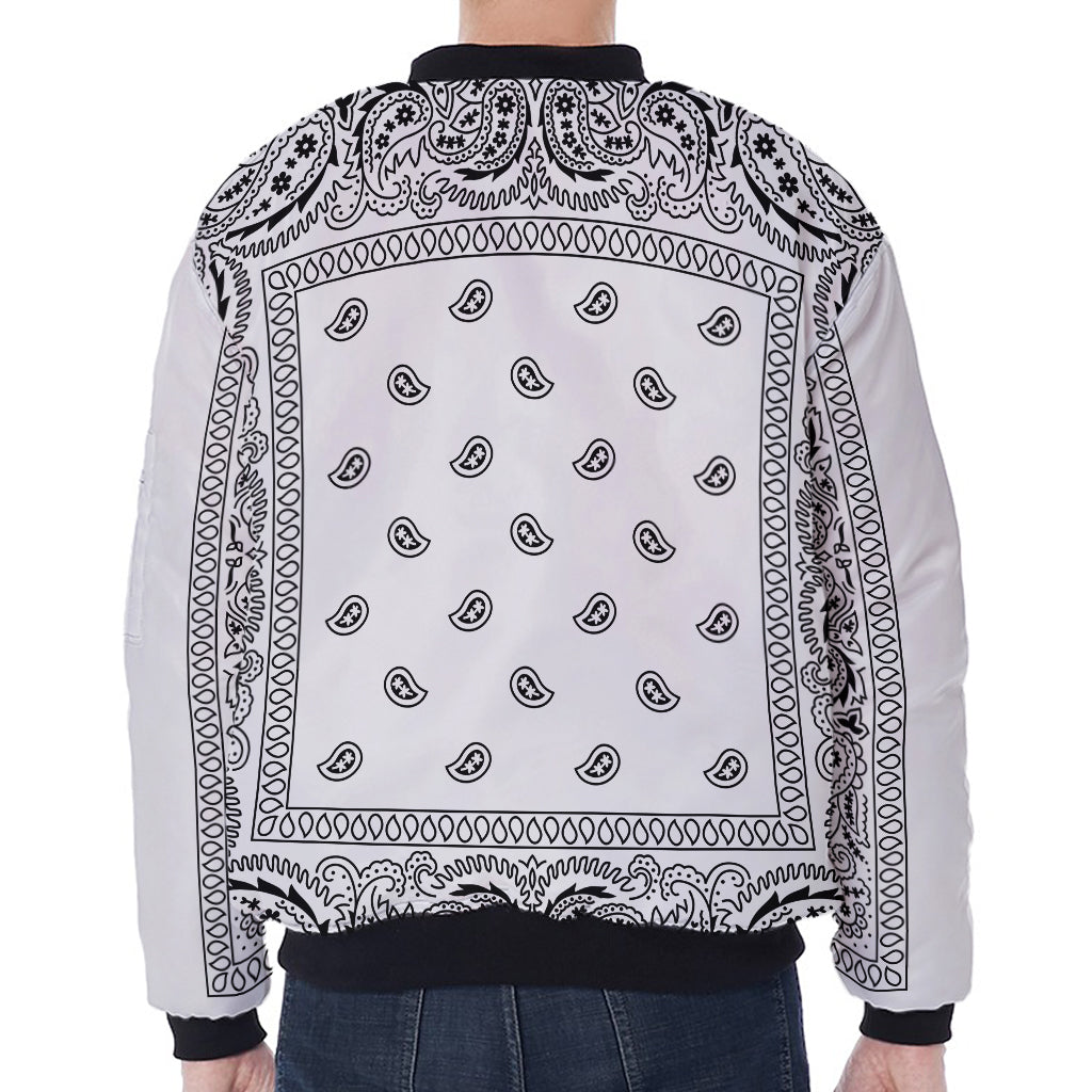 White And Black Paisley Bandana Print Zip Sleeve Bomber Jacket