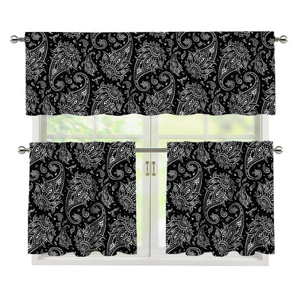White And Black Paisley Pattern Print 3 Piece Kitchen Curtains