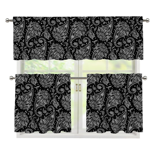 White And Black Paisley Pattern Print 3 Piece Kitchen Curtains