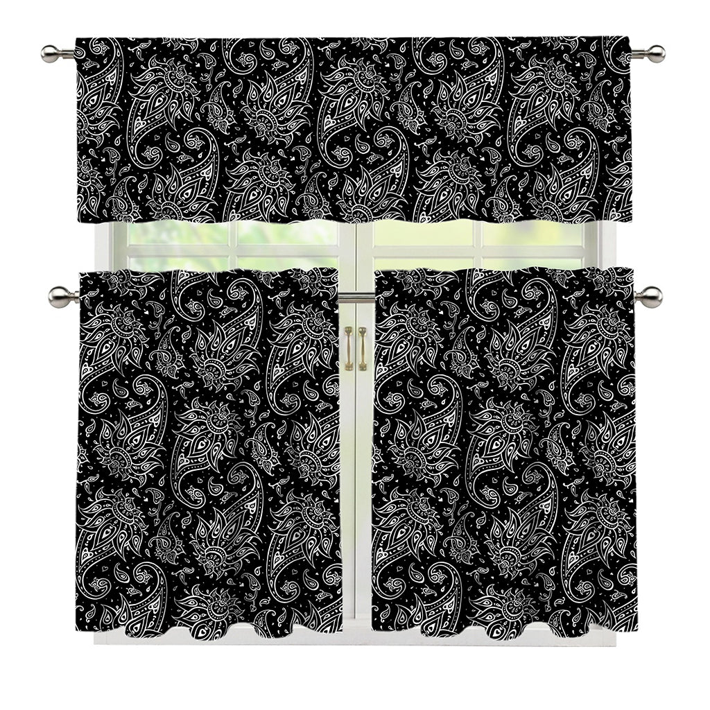 White And Black Paisley Pattern Print 3 Piece Kitchen Curtains