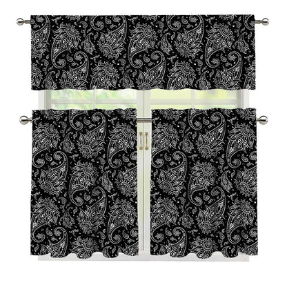 White And Black Paisley Pattern Print 3 Piece Kitchen Curtains