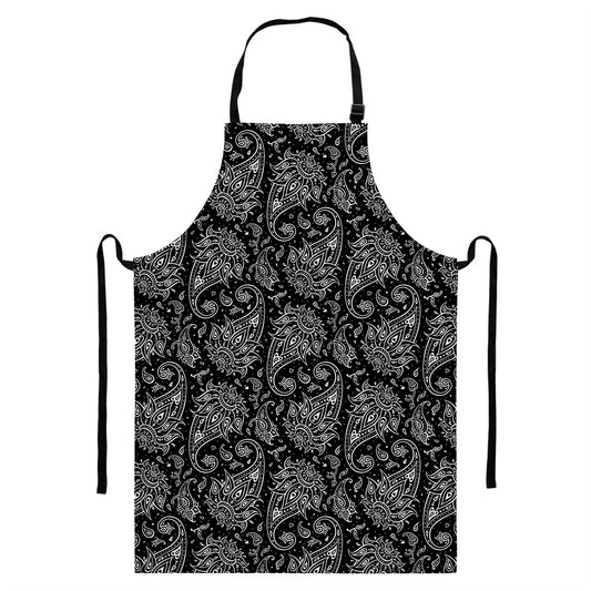 White And Black Paisley Pattern Print Bib Apron With Pocket