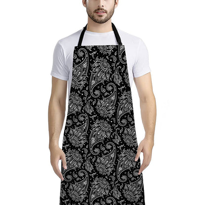 White And Black Paisley Pattern Print Bib Apron With Pocket