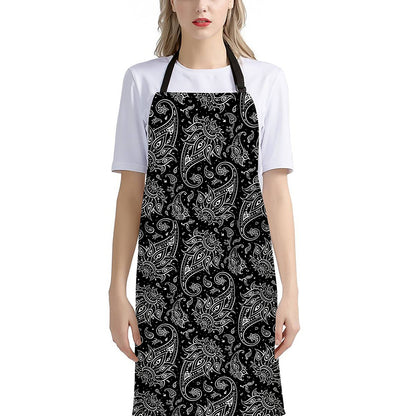 White And Black Paisley Pattern Print Bib Apron With Pocket
