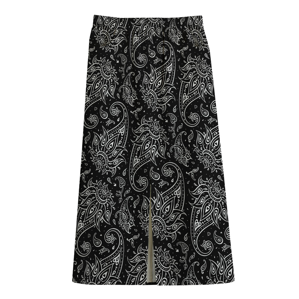 White And Black Paisley Pattern Print Cotton Front Slit Maxi Skirt