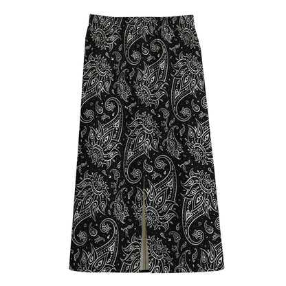 White And Black Paisley Pattern Print Cotton Front Slit Maxi Skirt
