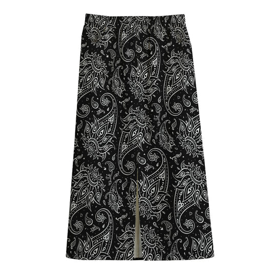 White And Black Paisley Pattern Print Cotton Front Slit Maxi Skirt