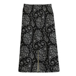 White And Black Paisley Pattern Print Cotton Front Slit Maxi Skirt