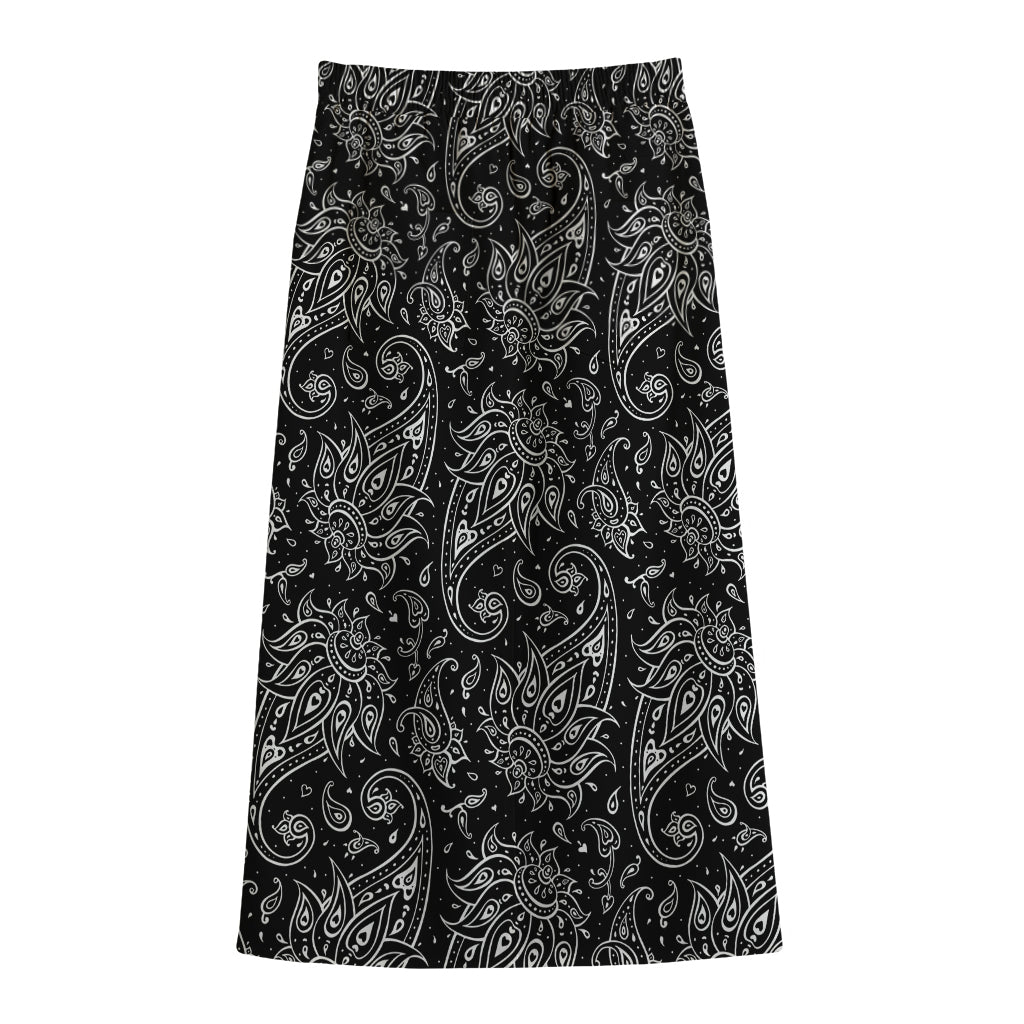 White And Black Paisley Pattern Print Cotton Front Slit Maxi Skirt