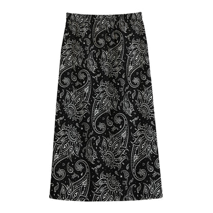White And Black Paisley Pattern Print Cotton Front Slit Maxi Skirt