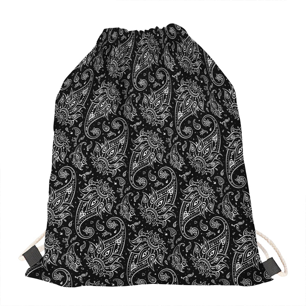 White And Black Paisley Pattern Print Drawstring Bag