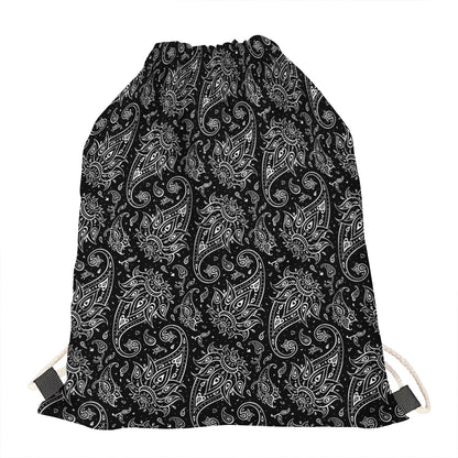 White And Black Paisley Pattern Print Drawstring Bag