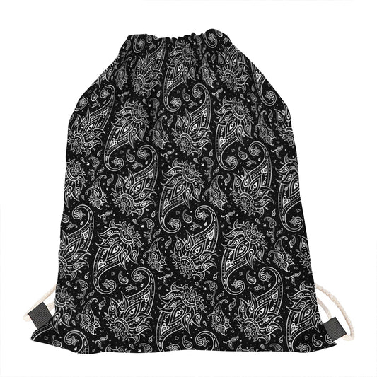 White And Black Paisley Pattern Print Drawstring Bag