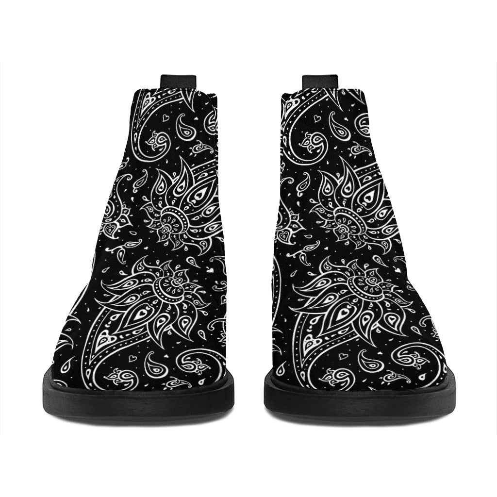 White And Black Paisley Pattern Print Flat Ankle Boots