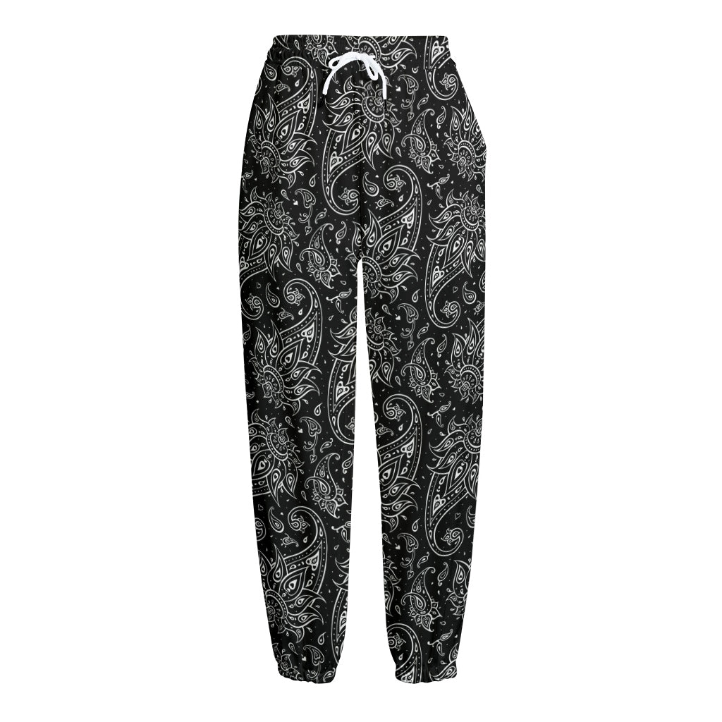 White And Black Paisley Pattern Print Fleece Lined Knit Pants