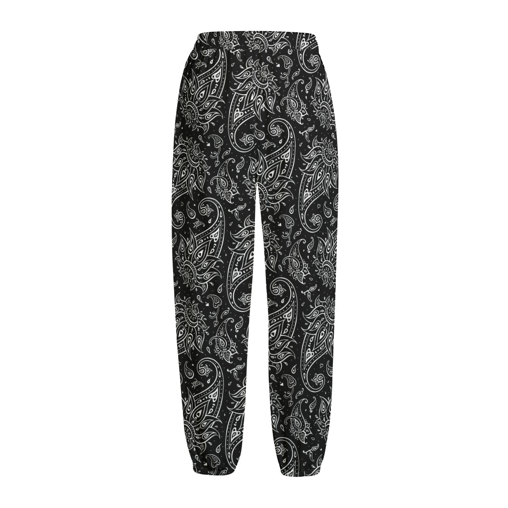 White And Black Paisley Pattern Print Fleece Lined Knit Pants