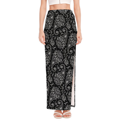 White And Black Paisley Pattern Print High Slit Maxi Skirt