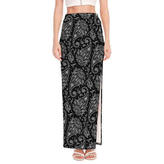White And Black Paisley Pattern Print High Slit Maxi Skirt