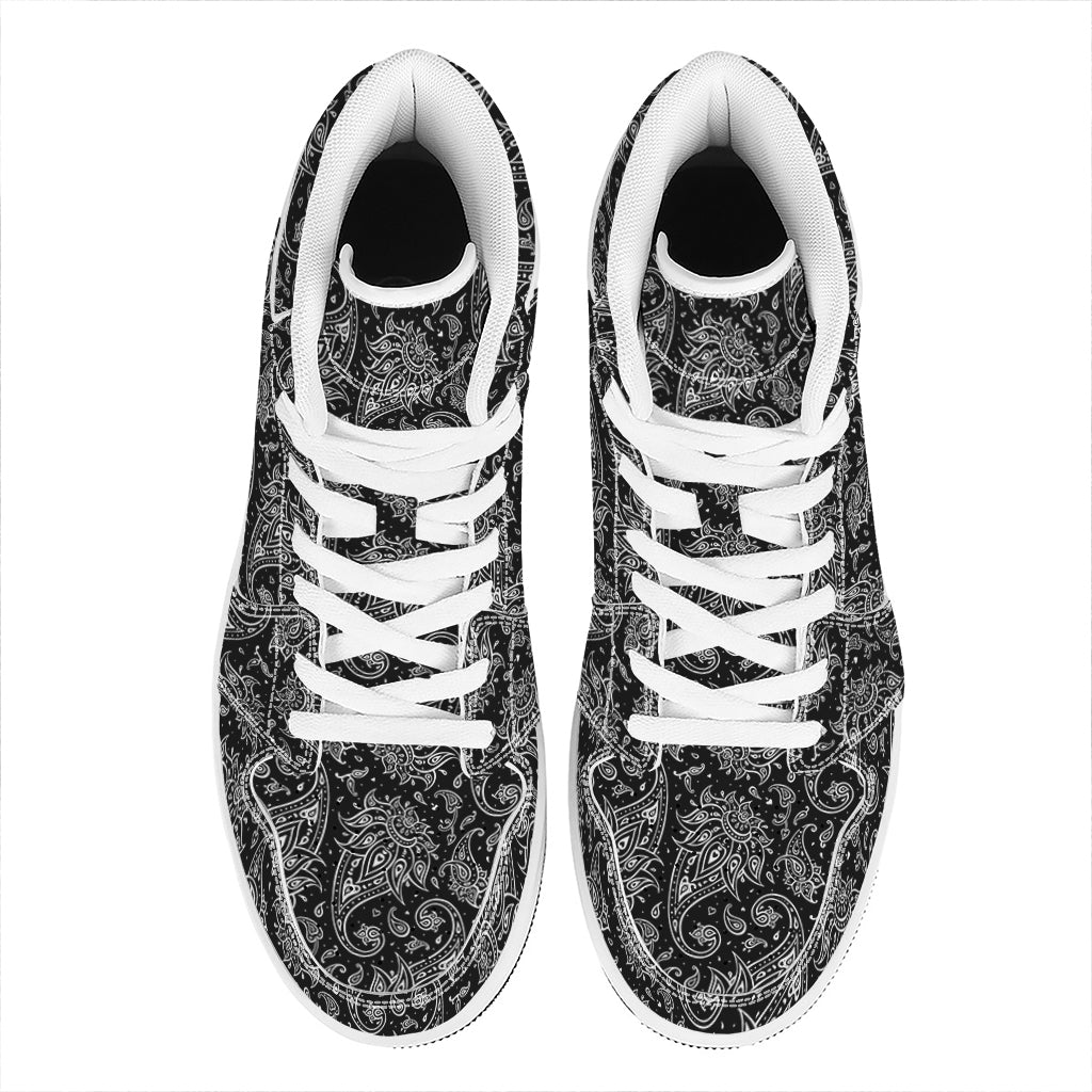 White And Black Paisley Pattern Print High Top Leather Sneakers