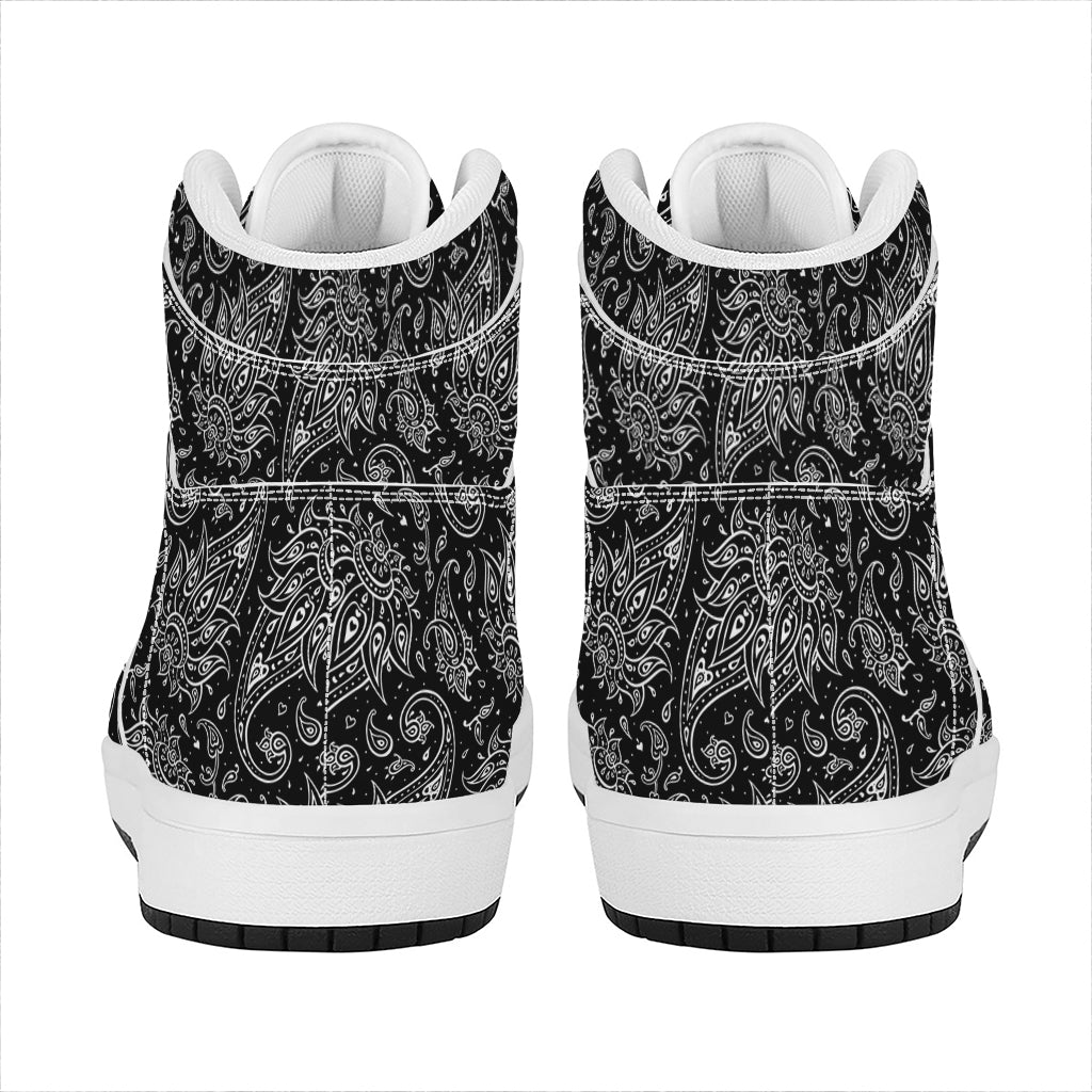 White And Black Paisley Pattern Print High Top Leather Sneakers