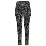 White And Black Paisley Pattern Print High-Waisted Pocket Leggings