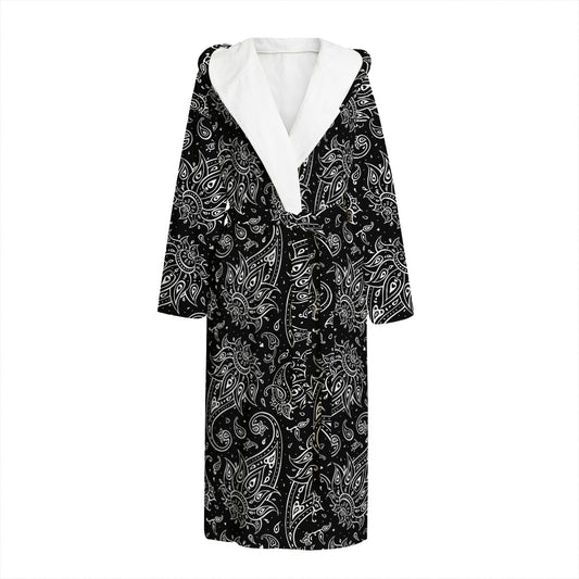 White And Black Paisley Pattern Print Hooded Bathrobe