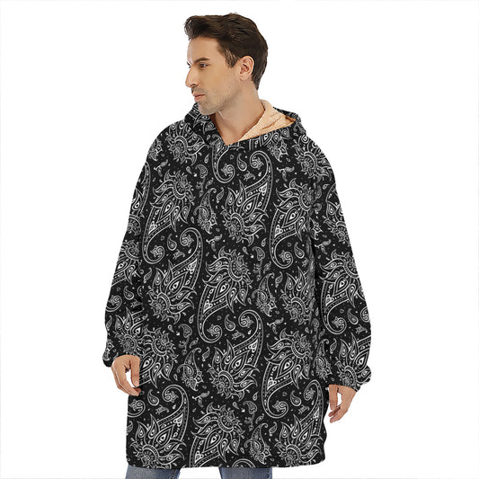 White And Black Paisley Pattern Print Hoodie Blanket