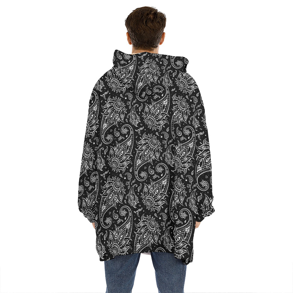 White And Black Paisley Pattern Print Hoodie Blanket